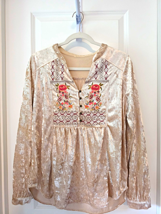 Tops - Mystree Crushed Velvet Embroider Boho Peasant Top Blush Pink Floral Long Sleeve